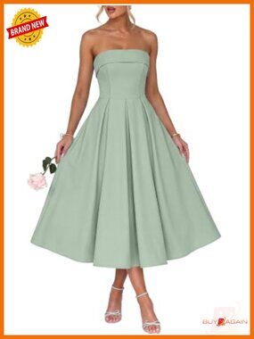 Strapless Semi Formal Midi Dress Summer Tube Top Pleated Flowy Wedding Guest